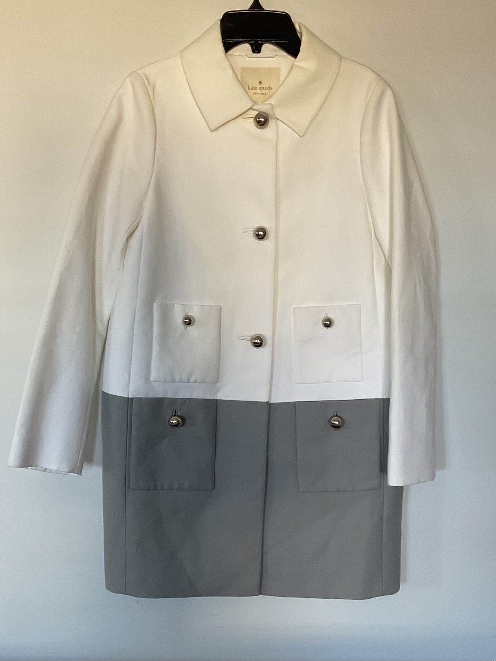 kate spade Two-Tone White and Gray Colorblock Trench Coat